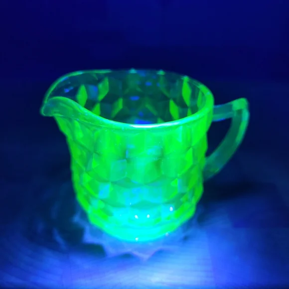 Uranium Glass Depression  Glass Pitcher Creamer Cubist Pattern UV Glowing Glass - Picture 3 of 9